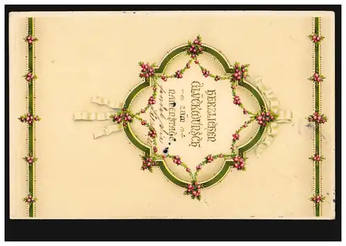 Prägekarte Glückwunsch zum Namenstag Blumengirlanden, WIESBADEN 25.7.1912