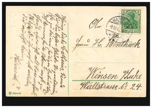 Carte d'anniversaire de l'Anniversel Mains et Fleurs N'oubliez pas, HAMBURG 9.10.1912