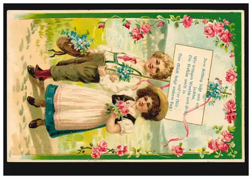 Prägekarte Kinder in Tracht mit Plakat Glück folgt unserem Fuß SCHRAMBERG 21.7.