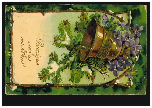 Russie Carte de pré-repas Nouvel An Cloche Branches de sapins de violette, RIGA 26.12.1909