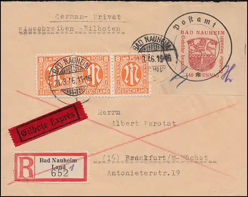 Bad Nauheim 8IIx Postverschlusszettel mit AM-POST-Marken MiF Eil-R-Brief 21.3.46