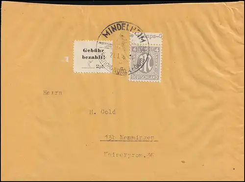 Mindelheim PLF II Gebührenzettel 8 Pf. + ZF AM-POST 4 Pf. Brief SSt 21.1.1946
