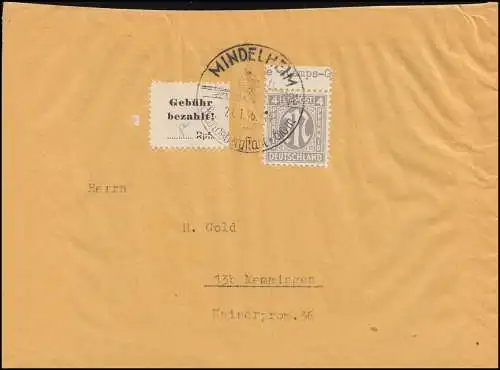 Mindelheim PLF II Pf. + ZF AM-POST 4 Pp. Lettre SSt 21.1.1946