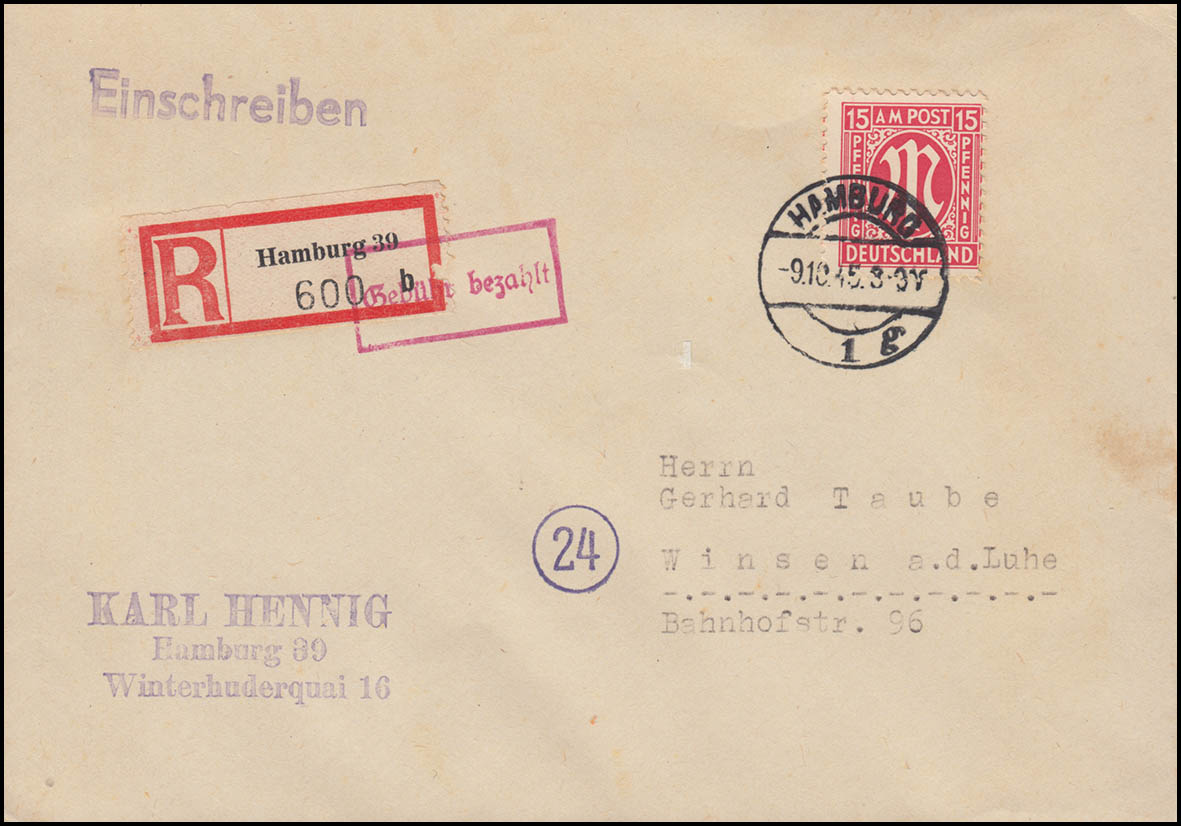 8 Am Post Mit Gebuhr Bezahlt Stempel Auf Handler Spatbeleg Hamburg 9 10 1945 Nr Oldthing Lokalausgaben 1945 Bis 1950