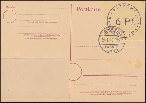 Britische Zone Notausgabe Postkarte P A01aB Arnsberg, Gefälligkeits-O 24.1.1946