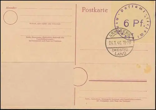 Britische Zone Notausgabe Postkarte P A01aB Arnsberg, Gefälligkeits-O 24.1.1946