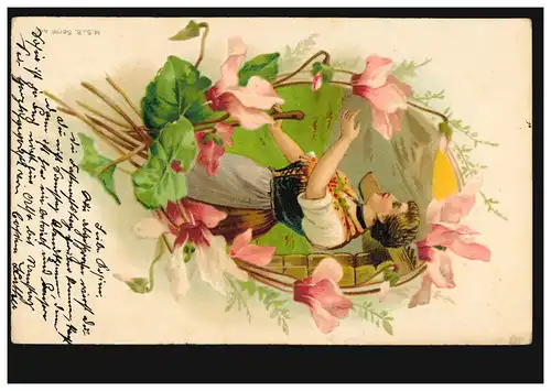 Prägekarte Singende Frau in Blumengirlande, BREYELL 25.2.1903