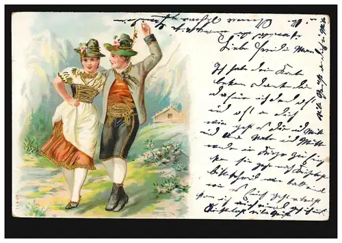 Prägekarte Paar in Österreich - Tracht vor Alpenkulisse, gelaufen 15.7.1903