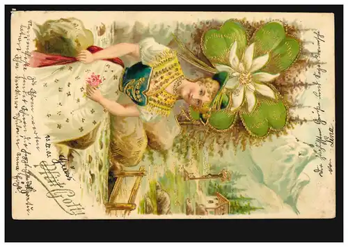 Carte de pré-fabrication femme en costume bavarois Edelweiss Glücksklee, FLOSS 23.6.1903