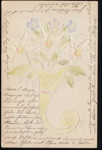 Carte d'artiste AK Fleurs dans la corne, CHRIMMITZAU 8.3.1905 selon PLOVAQUIE 8.3.3.