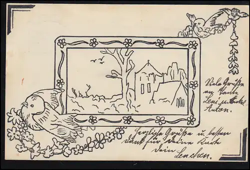 AK artiste auto-design Villageidylle avec église et oiseaux, CHAM (OPF.) 14.10.