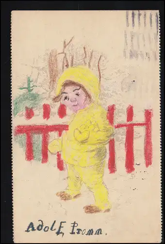 Künstler-AK Kind im gelben Winteranzug vor rotem Zaun, MÜNCHEN 1.11.1928