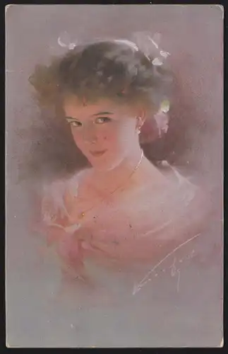 Künstler-AK Mädchen im rosa Kleid mit weißen Haarschleifen, gelaufen 3.1.1911