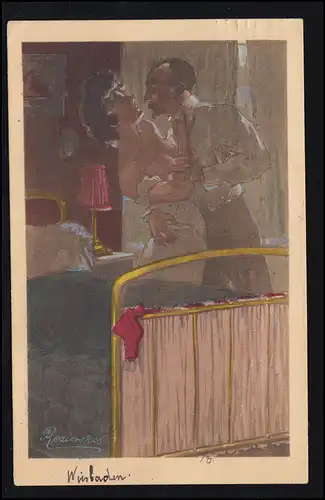 Künstler-AK Liebespaar im Schlafzimmer, WIESBADEN 14.10.1910