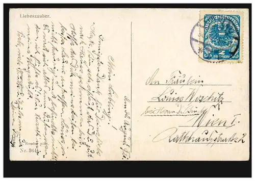 Künstler-AK E. Roeder: Liebeszauber - Tanzendes Paar mit Engeln, gelaufen 1921