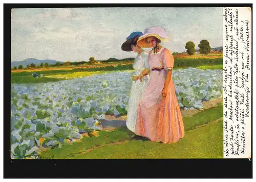 AK V. Telkesy: Promenade - Deux amies sur le chemin du champ, couru