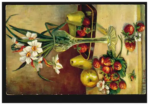 Künstler-AK Stillleben mit Blumen Erdbeeren Apfel Birnen, ungebraucht