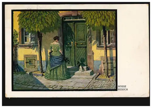 Künstler-AK Hosse: Besuch - Frau im grünen Kleid vor Haustür, RODENBURG 1.1.1920