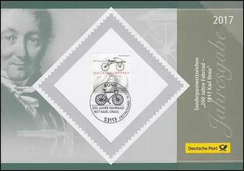 Jahresgabe der Post 300 Jahre Fahrrad - 1817 Karl Drais 2017