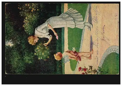 Künstler-AK C. Benesch: Ein Auftrag - Amor und Frau, MARBURG an der DRAU 1918  
