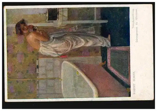 AK Artiste Robert Schiff: Désordre de téléphone - femme dans la salle de bains, inutilisé