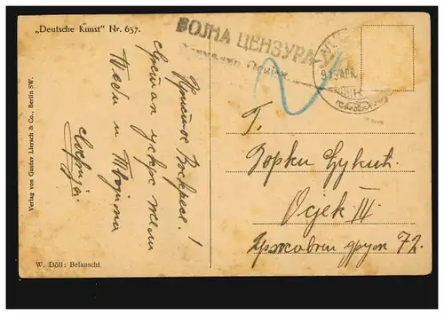 Russische Kriegs-Zensur 1919 auf Künstler-AK W. Döll: Belauscht, Deutsche Kunst