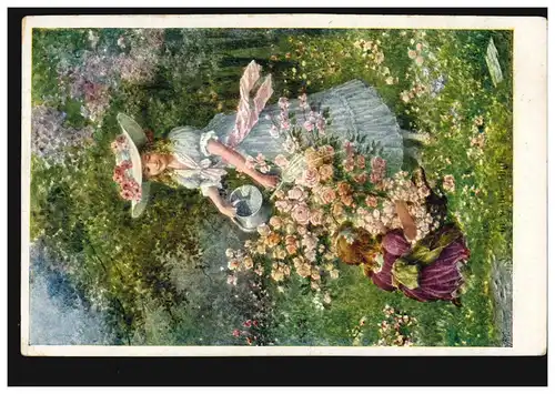 Künstler-AK In voller Blüe - Mutter mit Tochter beim Blumengießen, MÜNCHEN 1917