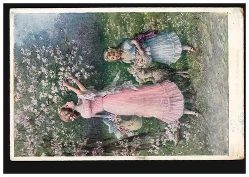 Artiste-AK mère autour fille à la récolte des fleurs avec des moutons, couru en 1922