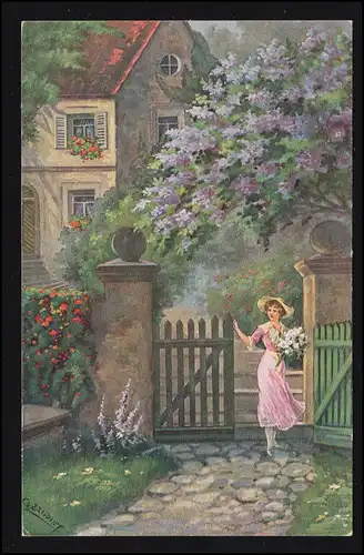AK étudiant d'artiste: la jeunesse de Holde - femme avec des fleurs à la porte du jardin, inutilisé