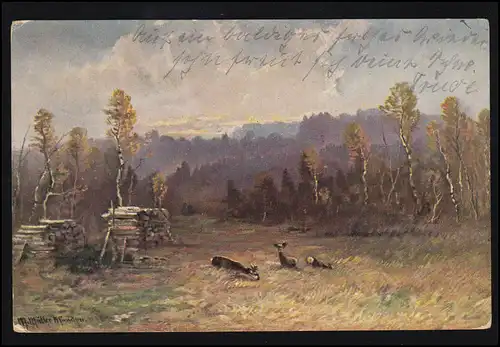 AK Artiste M. Müller: Lumières boisées avec des cerfs, BONJOUR 24.3.1914