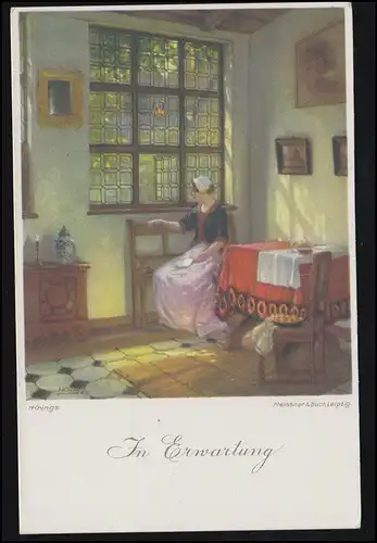 AK H. Krings: Dans l'attente - femme avec lettre à la fenêtre, inutile