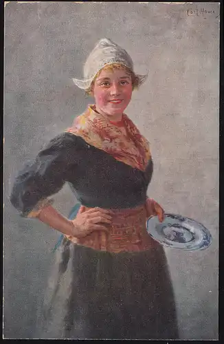 AK Artiste Karl Hauer: Hollandaise avec assiette en costume, inutilisé