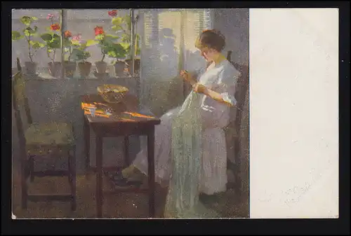 Ungarn Künstler-AK E. Pap: Die Näherin, Verlag Budapest, ungebraucht