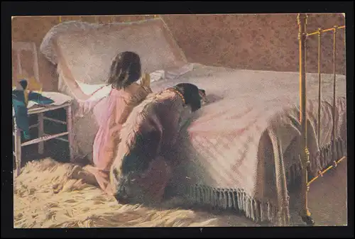 Künstler-AK Emmet: Vater unser - Kind beim Abendgebet mit Hund, ungebraucht