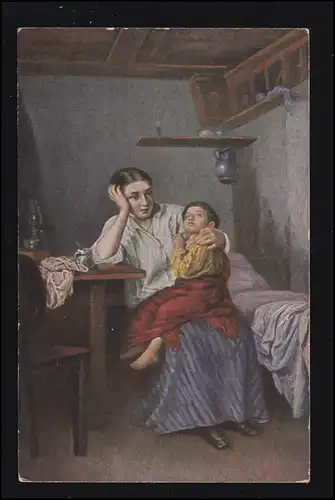 Künstler-AK N.P. Tourlygine: Armut - Nachdenkliche Frau mit schlafendem Kind