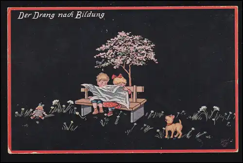 Humor-AK Jugendstreiche: Der Drang nach Bildung, Primus-Karte ULM Nr.1- 6.3.1918