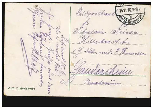 Lyrik-AK Frau mit Rose auf dem Sofa, Gedicht Rosengrüße!, Feldpost 15.11.1916