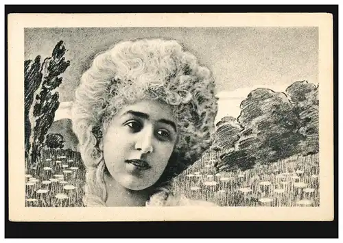 AK artiste tête de femme dans le paysage avec des fleurs, inutilisé