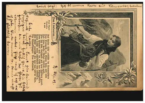 Lyrik-AK Paul Bayer: Das Edelweiß I. Mädchen in den Alpen, BERLIN 8 h 27.1.1902
