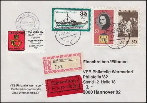 DDR-Brief an die Philatelia'82 nach Hannover MiF Eil-R-Bf WERMSDORF 5.11.1982