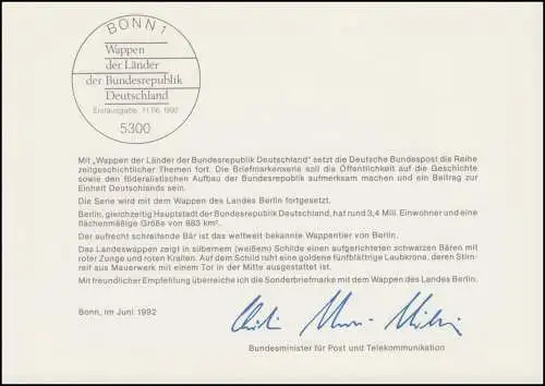 MinKa 25/1992 Armoiries des Länder de Berlin avec autographe Christian Schwarz-Schilling