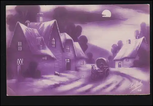 Artiste AK Dorfidylle en hiver à pleine lune avec fourgon, ARLON 31.12.1914