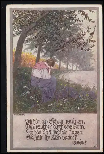 Künstler-AK Volkslied E. Kutzer: Ich hör ein Sichlein rauschen, MEUSELWITZ 1916