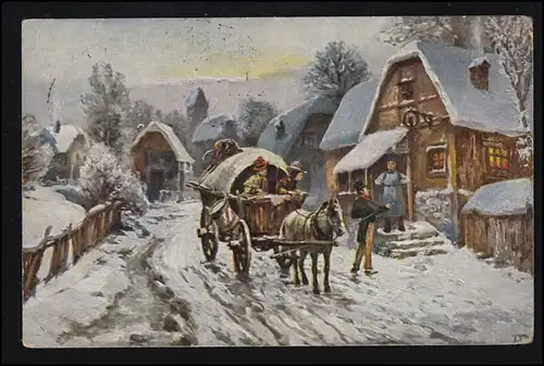 Künstler-AK Der Halt der Postkutsche vor dem Gasthof im Winter BAD HARZBURG 1912