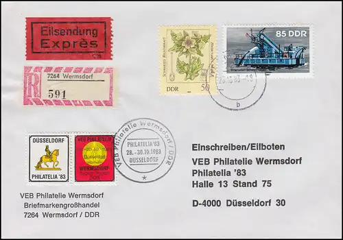 DDR-Brief an die Philatelia'83 nach Düsseldorf MiF Eil-R-Bf WERMSDORF 25.10.1983