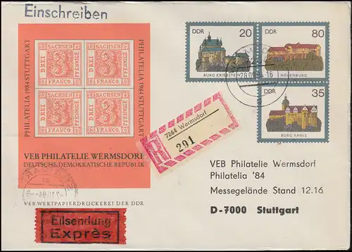 U 1 Burgen der DDR 1984 Stuttgart Sachsendreier, Eil-R-Brief WERMSDORF 28.9.1984