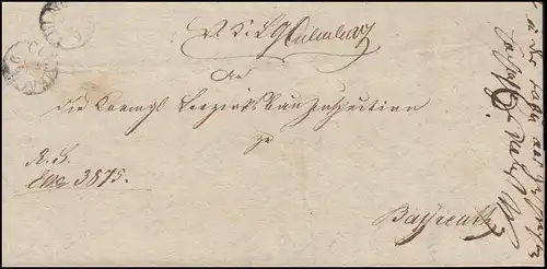 Bavière Vorphilatelie Tampon de doigt CULMBACH 22.9.1838 à Bayreuth