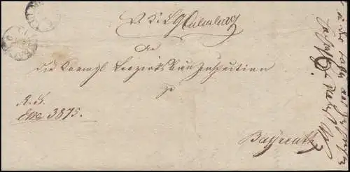 Bayern Vorphilatelie Faltbrief Fingerhutstempel CULMBACH 22.9.1838 nach Bayreuth