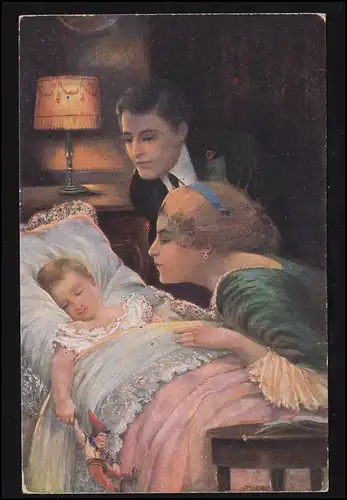 AK Jiras: bonheur familial - parents sur le lit d'enfant, BLUMAU 1918