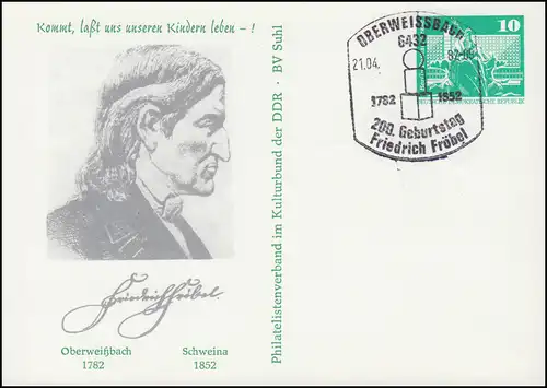 PP 15/7 Bâtiments 10 Pf Friedrich Fröbel 1982, SSt OBWERWEISSBACH